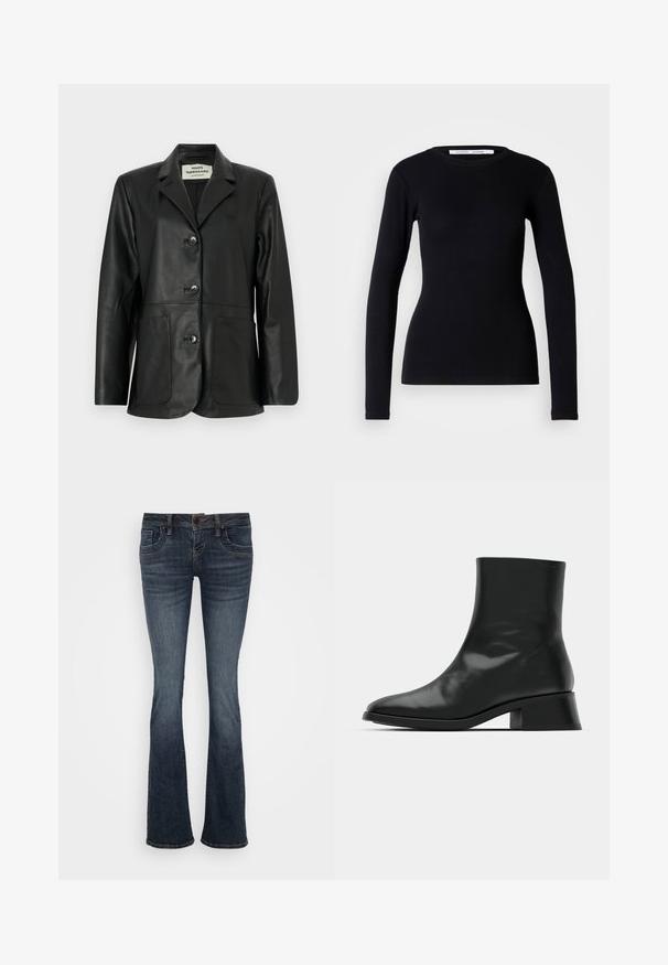 Zwarte leren blazer met ingesneden revers, drie knopen aan de voorkant, twee grote zakken aan de voorkant en lange mouwen, gelabeld Mads Nørgaard Copenhagen.; Zwarte lange mouwen top van ribstof. Heeft een ronde halslijn en een getailleerde pasvorm. Geen patronen of versieringen. Eenvoudig ontwerp.; Donkerblauwe uitlopende jeans met een middelhoge taille, vijf zakken en subtiele stiksels. Gemaakt van denim met een gladde textuur.; Zwarte enkelboot van glanzend leer, met een slank ontwerp, spitse neus en een gematigde blokhak voor stabiliteit.