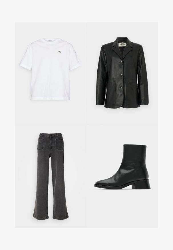 Blazer en cuir noir avec revers crantés, devant à trois boutons, deux grandes poches avant, et manches longues, étiqueté Mads Nørgaard Copenhague.; T-shirt en coton blanc avec un col rond et des manches courtes. Présente un logo brodé vert sur la poitrine. Texture douce, coupe décontractée.; Jean noir taille haute à jambes larges en denim, avec une fermeture à bouton, des passants de ceinture et deux poches arrière avec des accents cousus.; Bottine noire en cuir brillant, au design épuré, avec un bout pointu et un petit talon bloc pour plus de stabilité.
