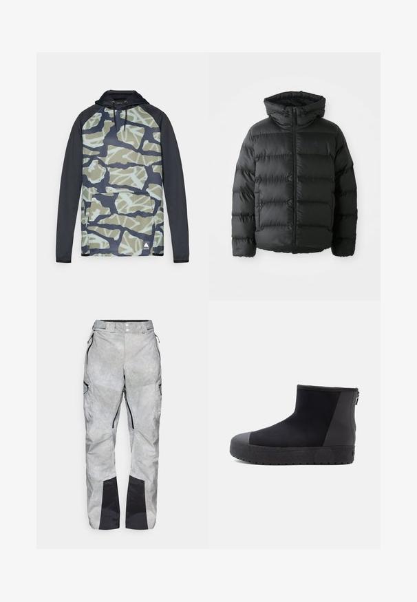 Veste doudoune noire avec une fermeture éclair sur le devant, capuche et sections horizontales cousues. Présente une surface texturée et un accent logo sur la poitrine.; Sweatshirt à capuche avec un motif camouflage dans des tons de vert et de bleu, avec des manches noires et une poche avant. Fabriqué en tissu doux.; Pantalons de neige gris avec une finition texturée, poches zippées et accents noirs au niveau des poignets. Dotés d'une taille boutonnée et d'un tissu durable.; Bottines noires avec un dessus lisse et texturé, présentant un capuchon de pointe noir mat et une semelle épaisse et robuste avec un motif subtil.