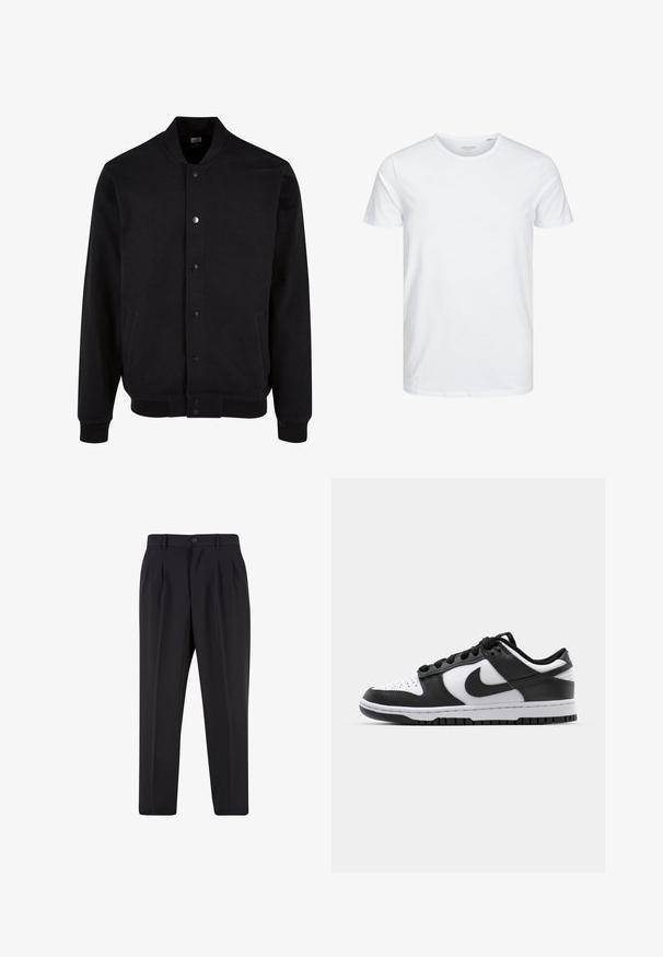 Chaqueta bomber negra confeccionada en tejido suave con un diseño sin cuello, cierre de botones a presión y dos bolsillos laterales. Presenta puños y dobladillo acanalados.; Camiseta de manga corta y cuello redondo en blanco sólido, fabricada en algodón suave, presenta un diseño simple sin patrones ni acentos visibles.; Pantalones negros a medida con pliegues delanteros, trabillas para cinturón y cierre con botón en la cintura.; Zapatillas Nike Dunk en blanco y negro con parte superior de cuero, puntera perforada, cordones negros y suela de goma negra con diseño de tracción.