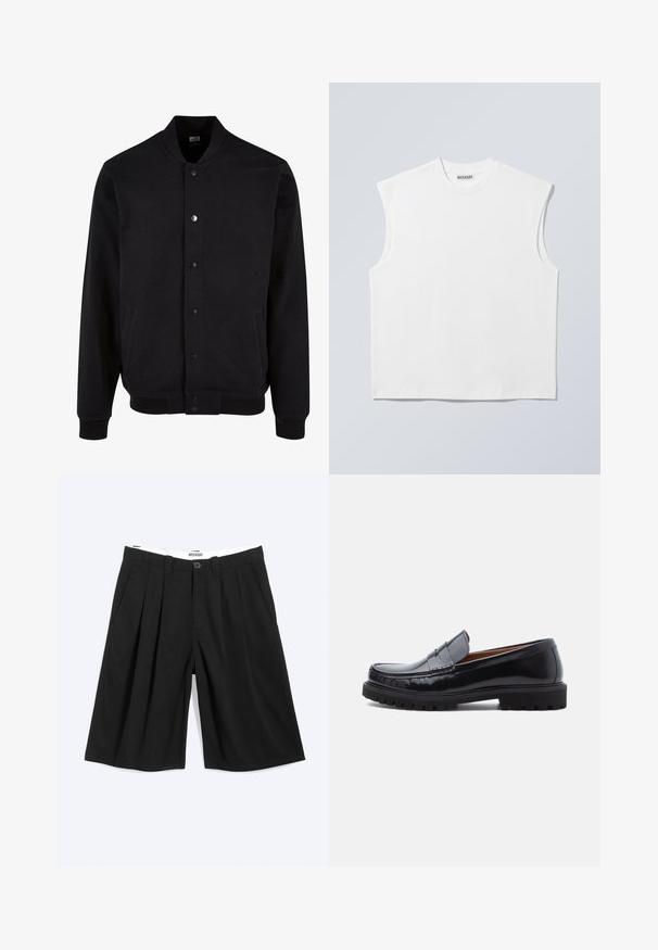 Veste bomber noire en tissu doux avec un design sans col, fermeture à boutons-pression et deux poches latérales. Présente des poignets et un ourlet côtelés.; Haut blanc sans manches en coton à col rond avec épaules structurées, marqué "WEEKDAY" sur l'étiquette du col, présenté sur un fond gris clair.; Short noir plissé longueur genou avec passants de ceinture, poches latérales et fermeture par bouton, présenté à plat sur fond blanc.; Mocassin penny en cuir noir avec semelle en caoutchouc épaisse et couture moc toe, montré de profil sur un fond blanc.