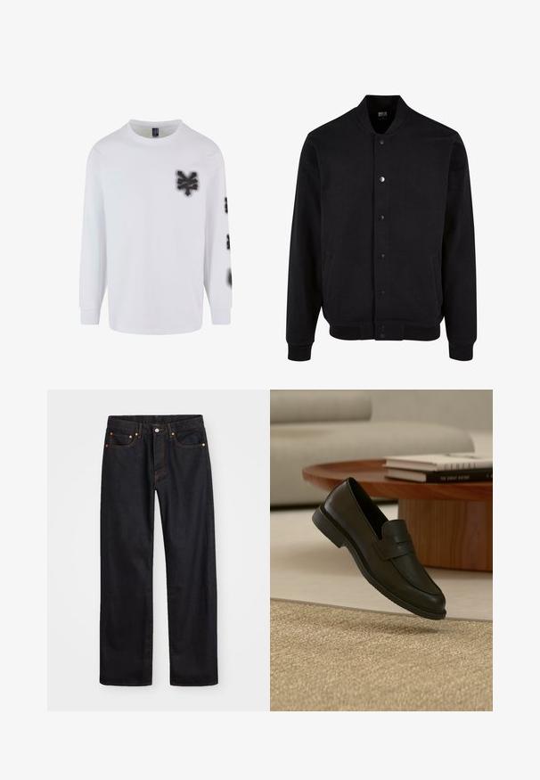 Veste bomber noire en tissu doux avec un design sans col, fermeture à boutons-pression et deux poches latérales. Présente des poignets et un ourlet côtelés.; T-shirt à manches longues blanc en coton, avec des graphiques style peinture en spray noire sur la poitrine gauche et la manche. Design classique à col rond.; Jean en denim noir pour hommes, coupe droite, avec cinq poches et surpiqûres orange, fermeture par bouton et zip à la taille avant.; Chaussure mocassin en cuir noir présentée en suspension au-dessus d'un tapis beige tissé, avec une table en bois et des livres empilés dans un salon doucement éclairé.