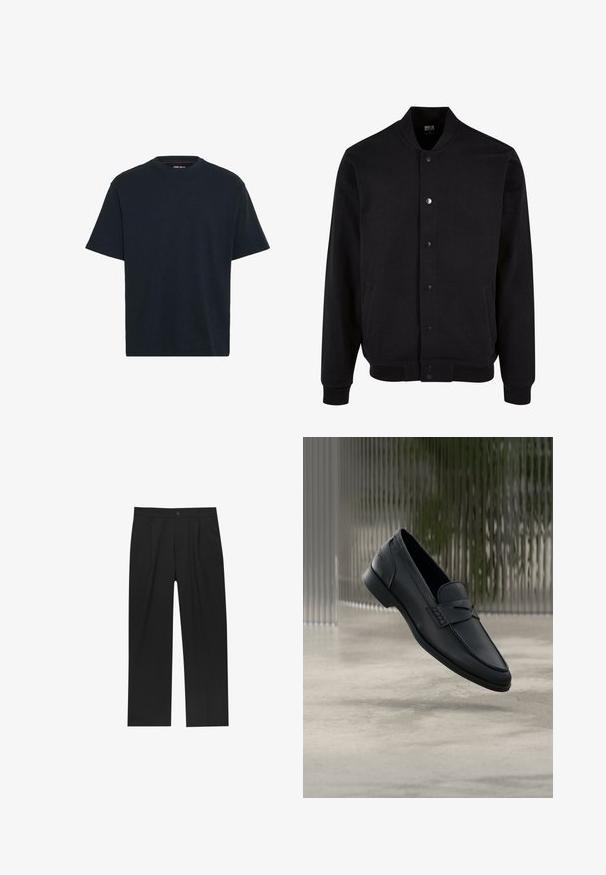 Zwarte bomberjack van zacht materiaal met een colless ontwerp, drukknopen sluiting en twee zijzakken. Beschikt over geribde manchetten en onderrand.; Marineblauwe katoenen T-shirt met een ronde hals, korte mouwen en een ontspannen pasvorm. Soepele textuur zonder zichtbare patronen of accenten.; Zwarte broeken met een recht model, gemaakt van een gladde stof. Voorzien van een voorplooien en een enkele knoopsluiting bij de taille.; Zwarte leren loafer met een gladde afwerking, puntige neus en gestikte details over de wreef. Lage hak en minimalistisch ontwerp.