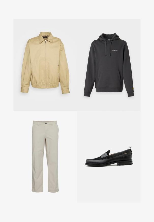 Carhartt WIP NEWHAVEN JACKET - Leichte Jacke - sable; Dunkelgrauer Hoodie aus weichem Material, mit einer Vorderentasche, verstellbarem Kapuzenzug und kleinem gesticktem Logo auf der Brust.; Beige Baumwollhose mit geradem Bein, Fronttaschen und einem einzelnen Knopfverschluss. Glatte Textur und minimale Nähte.; Schwarzer Lederloafer mit grauem Riemendetail, niedrigem Absatz und strukturierter Sohle, seitlich mit „HUGO“ in Gold gebrandmarkt.