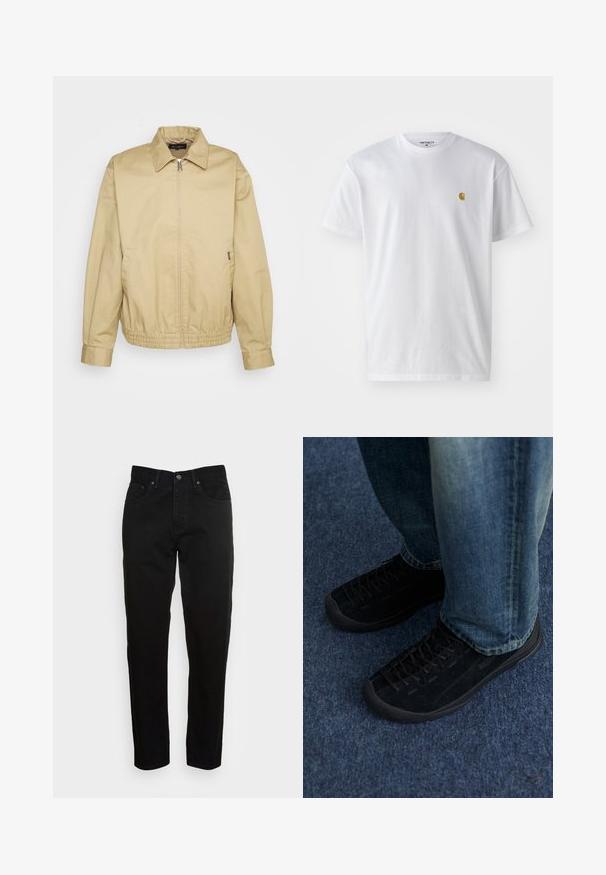 Carhartt WIP NEWHAVEN JACKET - Leichte Jacke - sable; Weißes Baumwoll-T-Shirt mit kurzen Ärmeln, Rundhalsausschnitt, mit einem kleinen goldenen Logo im linken Brustbereich. Weicher Stoff und normale Passform.; Schwarze Slim-Fit-Jeans mit vorderem Knopfverschluss und fünf Taschen-Design, vor einem schlichten hellgrauen Hintergrund präsentiert.; Schwarze Wildleder-Sneaker mit strukturiertem Obermaterial, dezenten Schnürsenkeln und haltbaren Gummisohlen, kombiniert mit blauen Jeans.