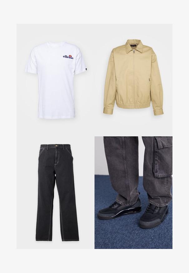 Carhartt WIP NEWHAVEN JACKET - Leichte Jacke - sable; Weißes Baumwoll-T-Shirt mit kurzen Ärmeln, das ein marineblaues gesticktes Logo auf der linken Brust und einen lebhaften Farbakzent über dem Logo präsentiert.; Schwarze Jeans mit geradem Bein, Vordertaschen, Gürtelschlaufen und sichtbaren weißen Nähten auf einfachem hellgrauem Hintergrund.; Schwarze Sportschuhe mit einer strukturierten Oberfläche, glatten Akzenten und einer chunky Sohle, kombiniert mit dunklen, lässig sitzenden Cargo-Hosen.