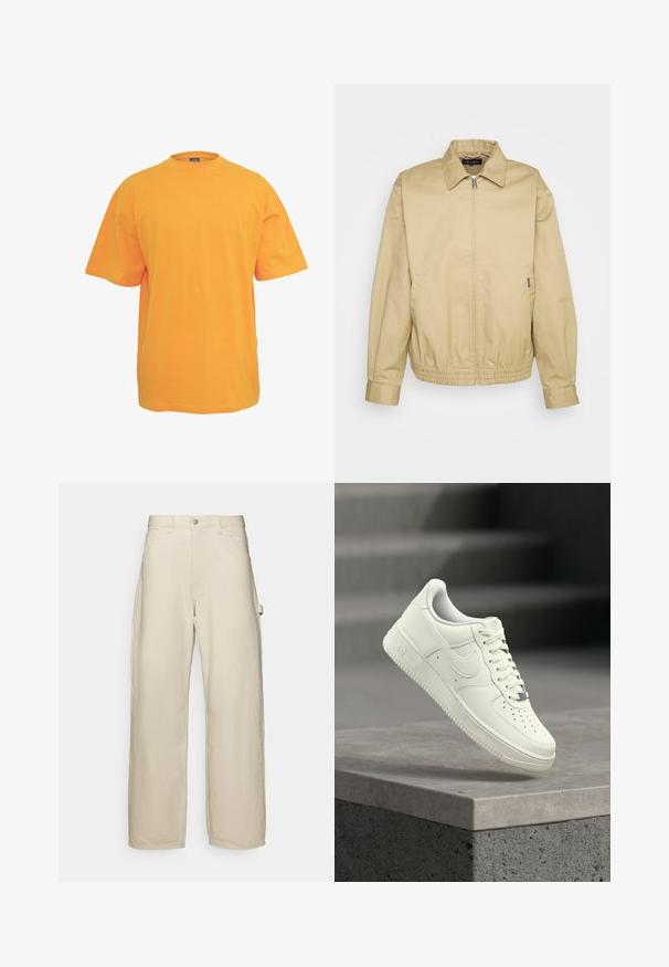 Carhartt WIP NEWHAVEN JACKET - Leichte Jacke - sable; Oranges Baumwoll-T-Shirt mit rundem Halsausschnitt, kurzen Ärmeln und lockerer Passform. Keine Muster oder Akzente. Glatte Textur.; Beige weite Hosen aus einem Baumwollmischgewebe. Mit Knopfverschluss, Gürtelschlaufen und seitlichen Taschen. Glatte Textur.; Weißer Ledersneaker mit niedrigem Profil, strukturierter Oberfläche, Perforationen an der Spitze und silbernen Akzenten an den Schnürsenkeln und dem Branding.