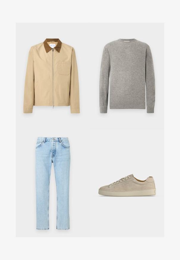Veste beige à fermeture éclair avec col marron, manches longues, poche poitrine à gauche et deux poches latérales.; Pull gris en tricot avec un col rond, manches longues, poignets et ourlet côtelés. Texture lisse, design minimaliste, sans motifs visibles.; Jean en denim bleu clair à coupe droite, doté d'un design à cinq poches, de passants pour ceinture et d'une braguette zippée avec une fermeture par bouton en métal.; Baskets basses beiges en daim avec fermeture lacée et semelle épaisse en caoutchouc, vues de profil sur fond blanc uni.