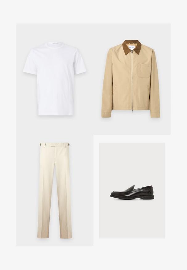 Beige lynlåstrøje med brun krave, lange ærmer, brystlomme på venstre side og to sidelommer.; Hvid bomulds t-shirt med rund halsudskæring og korte ærmer. Glat tekstur, lige snit og minimalistisk design uden mønstre eller accenter.; Kremfarvede, tætsiddende bukser med bæltestropper og fladt forstykke, vist mod en lys grå baggrund.; Sort læderslip-on loafer med lav hæl og syninger, sidemærke, på ensfarvet hvid baggrund.