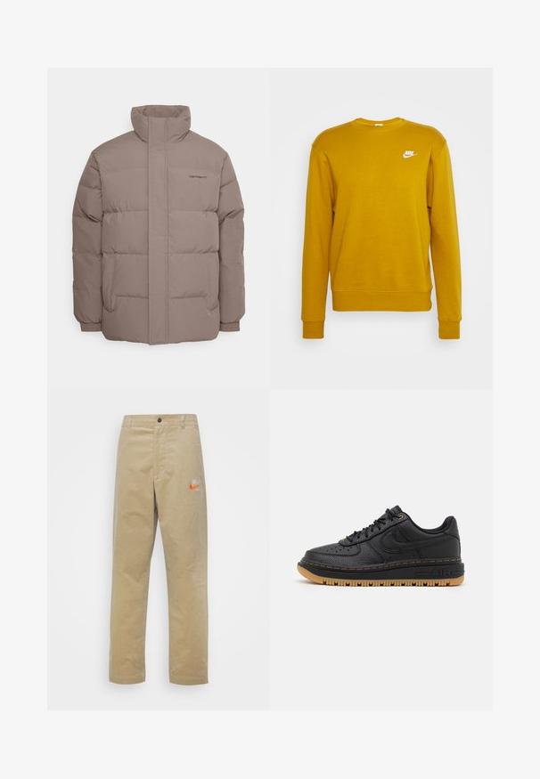 Pufferjack, lichtbruine kleur, gemaakt van gladde stof, heeft een hoge kraag, twee zijzakken en subtiele stikdetails.; Nike Sportswear CRW - Hoodie - bronzine; Nike Sportswear TREND PANT - Broek - khaki/team orange/khaki; Zwarte leren sneaker met textuur, ronde neus, geperforeerde details en een gumrubberen zool. Heeft contrasterende gele stiksels en logo.