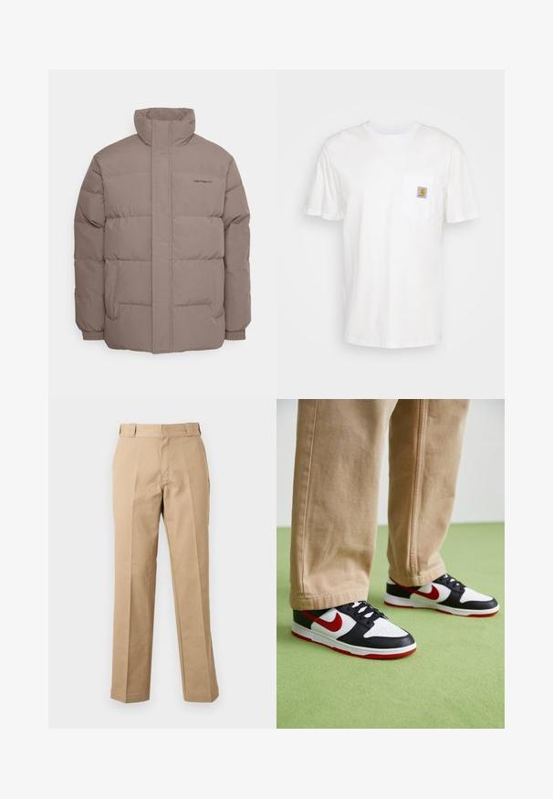 Chaqueta tipo puff, color marrón claro, fabricada con tela suave, presenta un cuello alto, dos bolsillos laterales y detalles de costura sutiles.; Camiseta de algodón blanca con mangas cortas, un bolsillo en el pecho y un pequeño parche cuadrado de logo en naranja y blanco en el bolsillo.; Pantalones beige de pierna recta con trabillas, cremallera frontal y pliegues prensados, mostrados sobre un fondo blanco liso.; Las zapatillas Nike Dunk presentan un diseño de cuero negro con acentos rojos y un swoosh blanco. La suela es roja, con una puntera blanca texturizada.