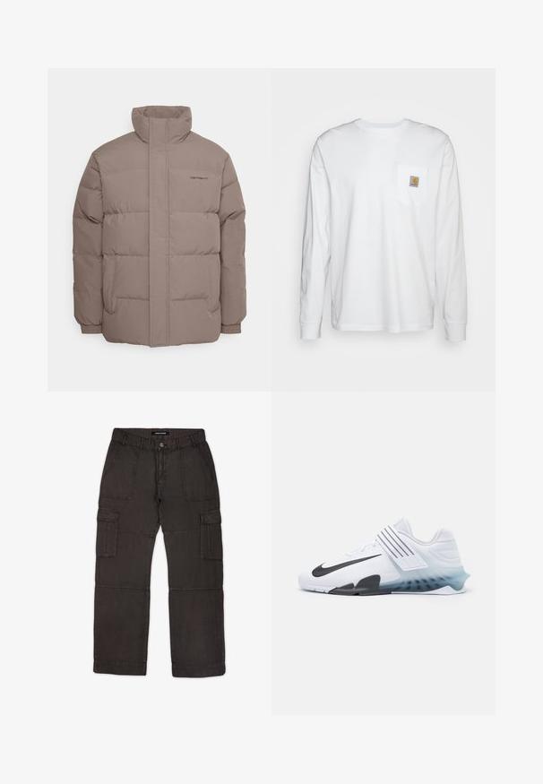 Veste rembourrée, couleur marron clair, fabriquée en tissu lisse, dotée d'un col haut, de deux poches latérales et de détails de couture subtils.; Chemise blanche à manches longues en coton, dotée d'une poche poitrine avec un patch logo carré. Design simple avec un col arrondi et des manches à poignets.; Pantalons cargo en tissu gris foncé avec plusieurs poches, fermeture à bouton sur le devant et détails cousus le long des coutures. Coupe plate à l'avant et ajustement décontracté.; Baskets blanches avec le swoosh noir de Nike, tige en maille, trois rayures noires et une semelle dégradée allant du bleu au transparent. Présente des accents renforcés.