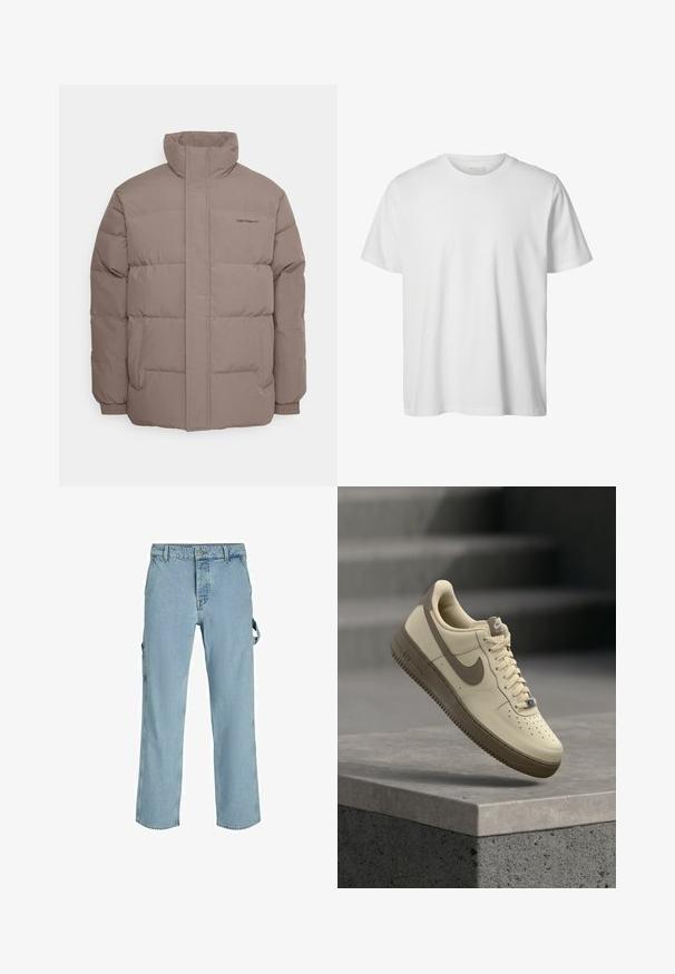 Puffjacke in hellbrauner Farbe, aus glattem Stoff, mit hohem Kragen, zwei Seitentaschen und dezenten Nähten.; Schlichtes weißes T-Shirt mit kurzen Ärmeln und Rundhalsausschnitt, lässiger Passform und ohne sichtbare Logos oder Designs auf der Vorderseite.; Hellblaue Denim-Cargo-Hosen mit entspannter Passform, ausgestattet mit seitlichen Befestigungsschlaufen und Fronttaschen, die eine ausgewaschene Textur aufweisen.; Beige und brauner Nike Air Force 1 Sneaker mit Schnürsenkeln, schwebend über einer Betonfläche mit Treppen im Hintergrund.