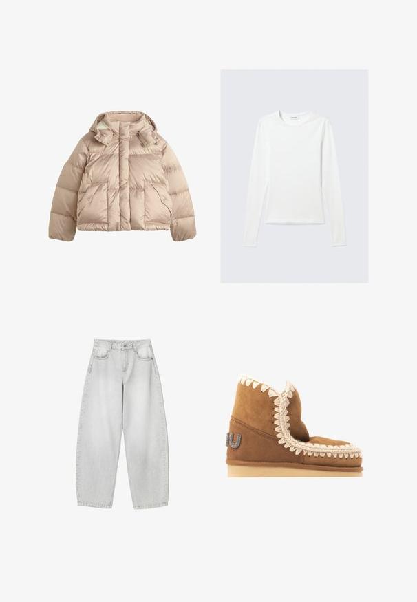 Veste matelassée beige clair avec capuche amovible, poches à pression à l'avant et col haut conçue pour les temps froids.; T-shirt blanc uni à manches longues avec col rond et coupe slim, présenté sur un fond gris clair.; Jeans à large jambe de couleur gris clair en denim, avec des poches avant, une taille à bouton et une finition légèrement délavée.; Bottine en daim marron avec une couture décorative crème le long du bord supérieur et un détail de logo métallique sur le côté extérieur. Semelle plate.