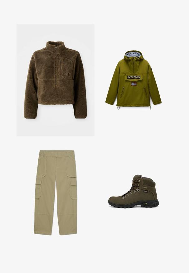 Chaqueta con capucha verde oliva con cremallera frontal, dos bolsillos con cremallera, parche con el logo de Napapijri y emblema de la bandera noruega en el pecho.; Chaqueta de forro polar marrón con cuello alto, cierre de media cremallera en la parte delantera y un bolsillo en el pecho; cuenta con una tela texturizada y un logotipo en el frente.; Pantalones cargo caqui con múltiples bolsillos con solapa en la parte delantera y los laterales, diseño de pierna recta y trabillas en la cintura.; Bota de senderismo alta marrón con suela negra, ojales de metal, etiqueta Gore-Tex y cuello acolchado diseñada para uso al aire libre.