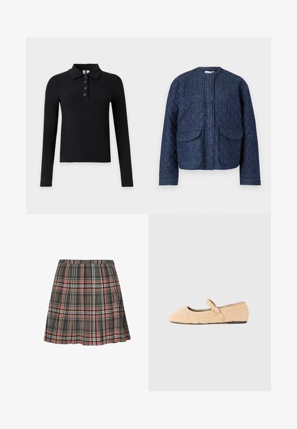 Quiltet denimjakke i mørkeblå. Har en rund hals, frontlynlås og to store klaplommer. Glat tekstur med synlige sømme.; Sort langærmet ribbet polo-skjorte med krave og fire metaløje-knapper på klappen.; Rutnederdel i grå og pink med plisseret design og sorte og hvide accenter. Fremstillet af vævet stof, midt på låret længde.; Beige fnug Mary Jane flad sko med rund tå, justerbar rem med cirkelformet spænde og sort sål på hvid baggrund.