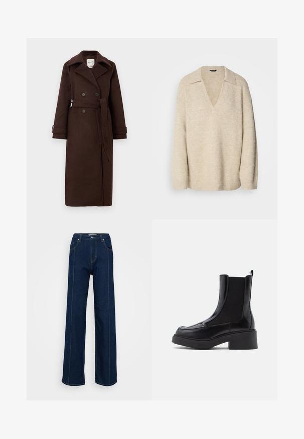 Pruun villane trenchcoat, millel on topeltkinnitatud esiosa, suur krae ja vööd. Omab kahte nööpi ja volditud mansette.; Beige silmikaelusega kudum, millel on lõdvad varrukad ja soonikkoes mansetid. Pehme tekstuur kerge fuzzy viimistlusega.; Tumedast sinise värvi kõrge vöökoht ja avara säärega teksad, esipocketid, vöötaskud ja kontrastõmblused heledal taustal.; Mustaid Chelsea saapad jämeda kannaga, mis on varustatud läikiva nahast pealsiga ja elastsete külgpaneelidega, et neid saaks hõlpsasti jalga panna. Tugev kummist tall.