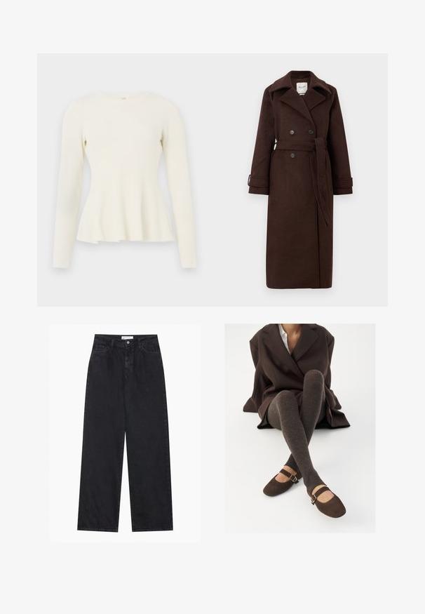 Brun uld trench coat med dobbeltradet front, stor krave og bælte i taljen. Har to knapper og foldede manchetter.; Langærmet, ribbet striktop i off-white med rund halsudskæring og flared kant. Blød tekstur med en tætsiddende bodice og flydende bund.; Sorte højtaljede bredbenede denimjeans med frontknap og lynlås, bæltestropper og fem-lomme stil.; Brune ribbede knæhøje sokker parret med brune ruskinds Mary Jane sko med en dekorativ rem og spænde, båret med en mørk frakke.