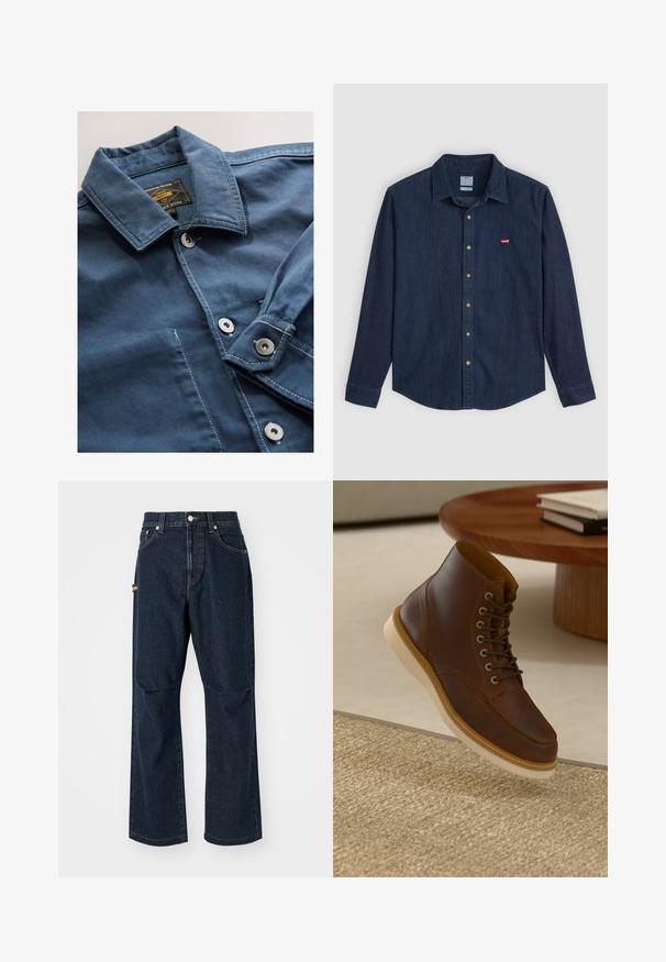 Blå denimjakke med standardkrave, sølvfarvede trykknapper og kontrasterende hvide syninger. Har en label på indersiden af nakken.; Mørk denim skjorte med knapper, spidse kraver, lange ærmer og et lille rødt logo på brystet. Har messingknapper og en klassisk pasform.; Mørkeblå denim jeans med lige ben, frontlommer og en sidelomme. Har stiklinger i kontrastfarve og en knap i taljen.; Brune læderankelstøvle med beige sål på et struktureret beige tæppe ved siden af et rundt træbord med stakke af bøger.