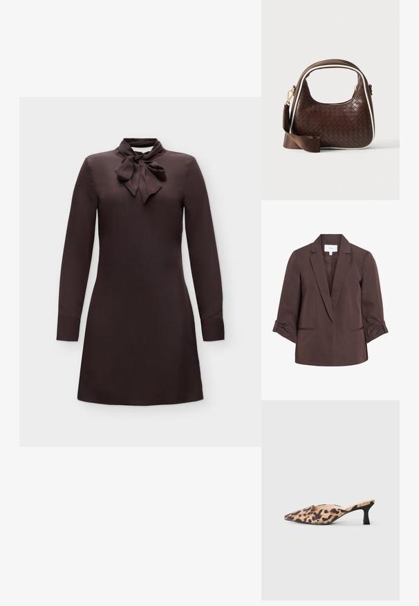 Brun skræddersyet blazer med hakkede revers og trekvartlange opkørte ærmer, med to frontslidslommer og en VILA-label indeni kraven.; Mørkebrun langærmet kjole med bundet sløjfe ved kraven og en lige, enkel silhuet på en ensfarvet baggrund.; Spidse mule-sko med leopardprintet overdel og lav sort kitten-hæl på en lys baggrund.; Brun vævet læderhåndtaske med hvid piping, guldfarvet lynlås og aftagelig brun stofskulderrem.