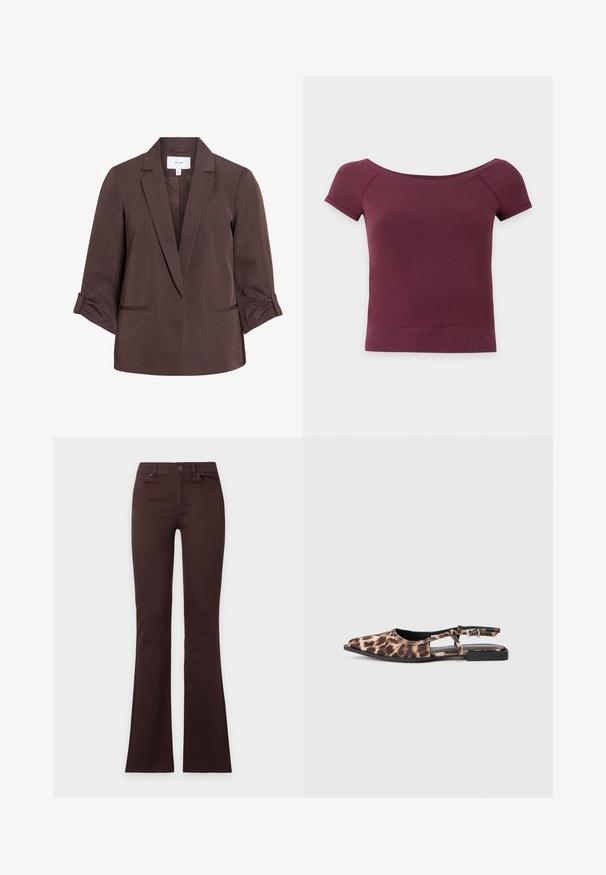 Blazer marron sur mesure avec revers crantés et manches trois-quarts retroussées, avec deux poches fendues à l'avant et une étiquette VILA à l'intérieur du col.; Top court à manches courtes, épaules dénudées, en tissu uni bordeaux foncé avec ourlet et encolure côtelés.; Jean bootcut marron foncé avec bouton et fermeture éclair, poches avant et arrière, présenté à plat sur un fond blanc uni.; Ballerine à enfiler en imprimé léopard, avec un bout pointu, des côtés ouverts et un petit talon noir. Le matériau semble lisse avec un léger éclat.