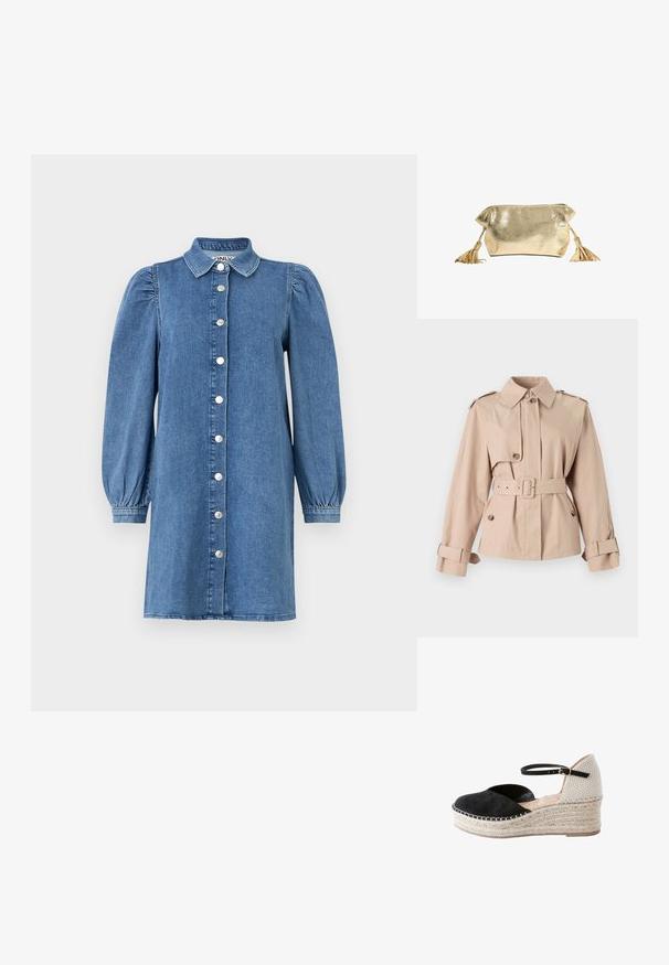 Beige trenchcoat met een tailleband, grote kraag, knopenfront en opgerolde mouwen. Beschikt over schouderepauletten en een gladde stofstructuur.; Jeansjurk met lange pofmouwen, knoopsluiting aan de voorkant, kraag en een rechte snit. Blauwe stof met een gladde structuur.; Sandaal met sleehak espadrille met zwarte gesloten neus, geweven beige hak, jute zool en dun zwart enkelbandje met gouden gesp.; Gouden metalen clutchtas met ritssluiting en decoratieve kwastjes aan beide uiteinden tegen een witte achtergrond.