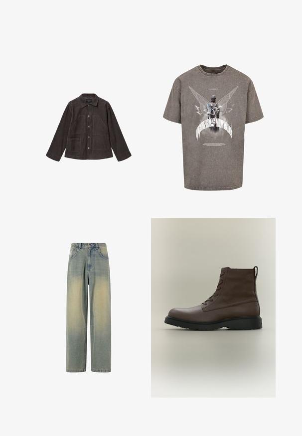 Chaqueta de pana marrón oscuro con mangas largas, cierre de botones, dos grandes bolsillos delanteros y un cuello.; Camiseta gris de gran tamaño hecha de algodón, con un estampado gráfico de una estatua alada y texto estilizado en la parte frontal.; Jeans de mezclilla de pierna ancha en un azul claro con un degradado desvanecido, que cuentan con cinco bolsillos y una cinturilla clásica con pasadores para el cinturón.; Bota marrón de piel con cordones hasta el tobillo, suela de caucho negra, punta redonda y tira para tirar en la parte trasera, mostrada de perfil sobre fondo neutro.