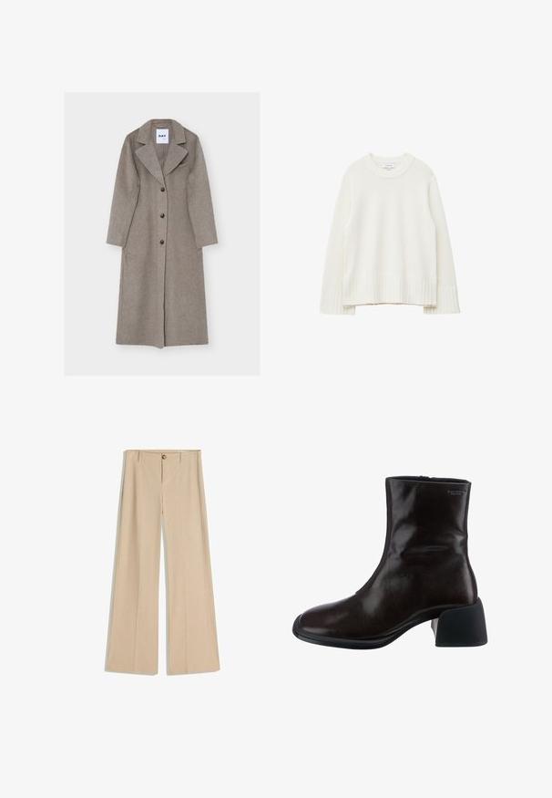Manteau long en laine grise avec un col cranté, des manches longues, un devant croisé et deux poches latérales. Texture lisse avec des boutons noirs.; Pull crème en maille douce. Dispose d'un ourlet et de poignets côtelés, avec une encolure arrondie et une silhouette décontractée.; Pantalon beige à jambes larges avec un motif à fines rayures, fermeture frontale à boutons et passants pour ceinture. Texture lisse avec une finition ajustée.; Vagabond ANSIE - Bottines - braun
