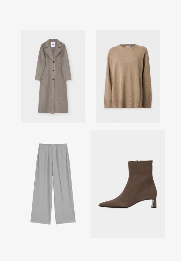 Lang, grå uldfrakke med reverskrave, lange ærmer, dobbeltradet front og to sidelommer. Glat tekstur med sorte knapper.; Beige langærmet striktrøje med ribstrikkede manchetter, kant og rund hals, vist fladt på en hvid baggrund.; Lys grå bredbenede bukser med en plisseret front, der har en glat tekstur og en diskret sidelukning med lynlås.; Brun ruskindsankelstøvle med spids tå, sidelukning med lynlås og lav blokhæl på ensartet lys baggrund.