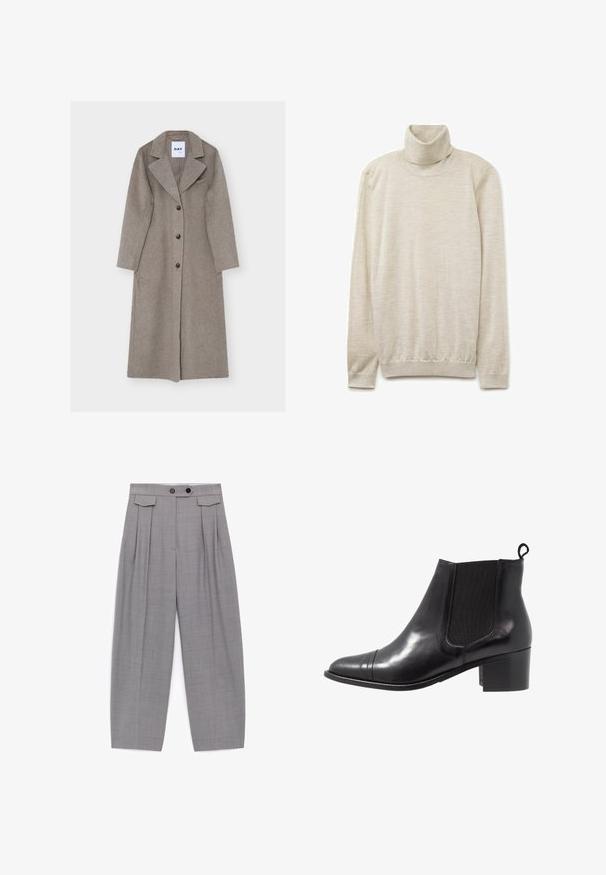 Lang, grå uldfrakke med reverskrave, lange ærmer, dobbeltradet front og to sidelommer. Glat tekstur med sorte knapper.; Beige turtleneck sweater i blødt stof, med høj krave, lange ærmer og ribbet kant. Glat tekstur med subtile variationer.; Grå bukser med høj talje og løs pasform, med folder, to sorte knapper på taljebåndet og klapsdetaljer nær hofterne.; Sorte læder ankelstøvler med elastiske sidepaneler, rund tå og tekstureret blokhæl. Har en løkke til at trække i bagpå for nem påtagning.
