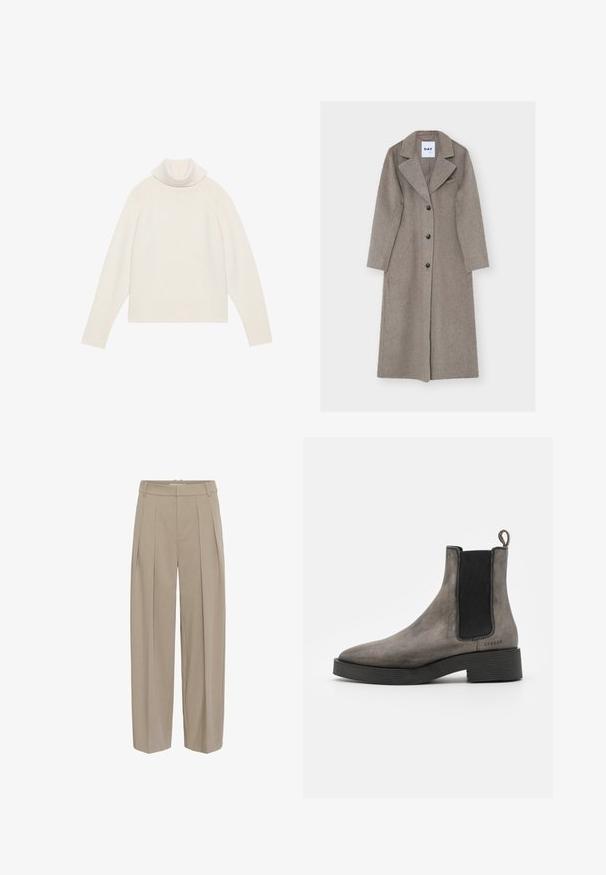 Lang, grå uldfrakke med reverskrave, lange ærmer, dobbeltradet front og to sidelommer. Glat tekstur med sorte knapper.; Lyscreme turtleneck sweater med ribbet tekstur, raglanærmer og tætsiddende kant. Blødt materiale og afslappet silhuet.; Beige højtaljede bukser med vide ben, forstærkede med frontfolder og bæltestropper, skræddersyet med skjult lukning foran.; Grå læder chelsea støvle med tekstureret finish, elastiske sidedele, hængestrop og sort gummisål. Slank, taperet design med minimale accenter.