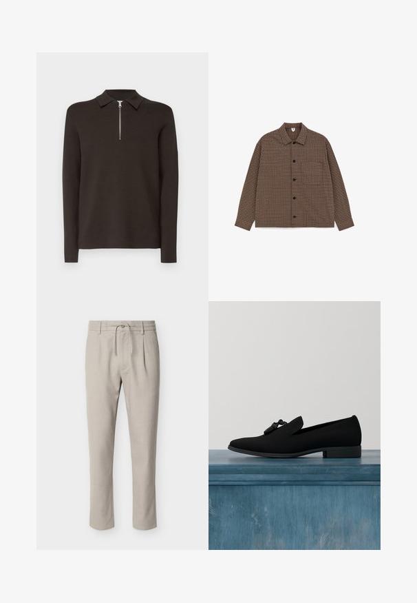 Bruin geruit overhemd met lange mouwen, knopen, kraag en een borstzak, plat neergelegd op een witte achtergrond.; Donkerbruin poloshirt met lange mouwen, een kraag en een korte zilveren ritssluiting. Gemaakt van een gladde, zachte stof. Geen patronen of accenten.; Lichtbeige rechte broek met riemlussen, knopen aan de voorkant, rits, taille met trekkoord en zijzakken.; Zwarte loafers met een gladde stoffen bovenkant, puntige neus en decoratieve franjes. Beschikt over een lage, ronde hak en een minimalistisch ontwerp.