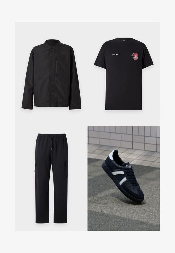 Chaqueta negra de botones con cuello, mangas largas, bolsillo con cremallera en el pecho y un sutil logo en el lado izquierdo del pecho.; Replay SHORT SLEEVE GRAPHIC - Camiseta estampada - black; Pantalones cargo negros con un corte relajado, cinturilla elástica y cordón. Cuenta con dos bolsillos laterales para almacenamiento. Tejido suave al tacto.; Zapatilla de cuero negra con rayas blancas, suela de goma texturizada y parte frontal con cordones. Cuenta con una etiqueta de marca en la lengüeta.