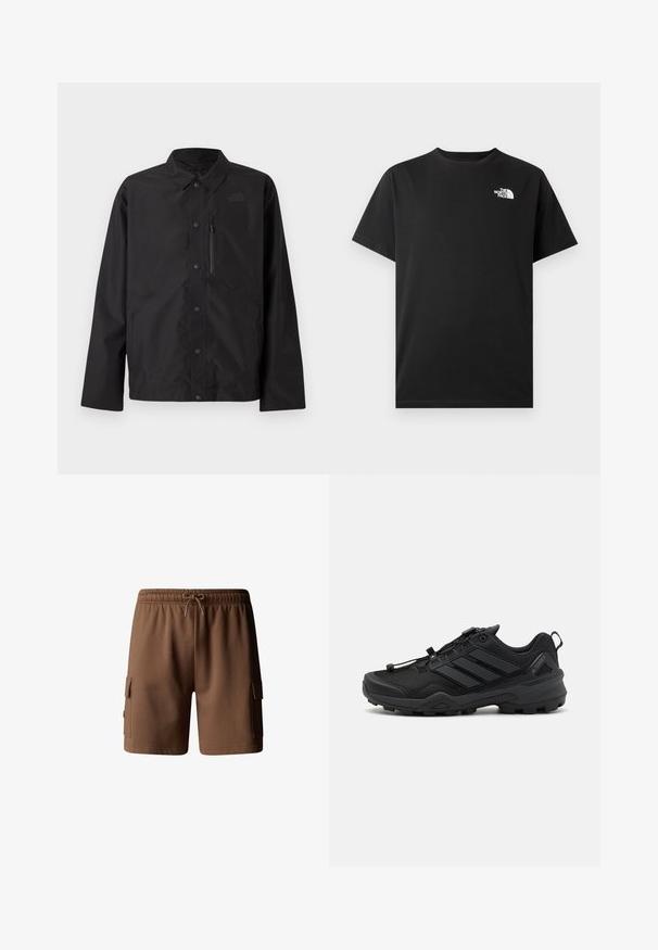 Sort button-up jakke med krave, lange ærmer, lynlåslommer på brystet og diskret logo på venstre bryst.; Sort bomuld T-shirt med korte ærmer, rund halsudskæring og en lille hvid logo på venstre brystområde. Glat tekstur, standard pasform.; Brune bomulds cargo shorts med elastisk talje, snøre lukning og to sidelommer. Glat tekstur og længde over knæene.; Sort atletisk sko med en tekstureret mesh-overdel, kontrasterende syntetiske accenter og en robust gummisål. Har et sikkert snøresystem og bageste loop.