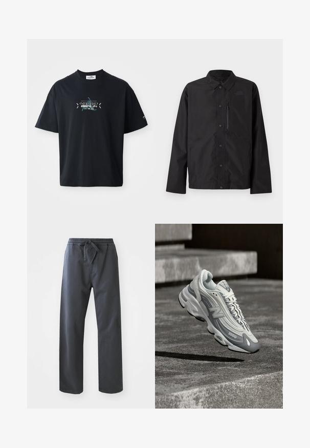 Zwarte button-up jas met kraag, lange mouwen, borstzak met rits en subtiele logo op de linker borst.; Zwarte katoenen t-shirt met een ronde hals, met een turquoise grafisch ontwerp en tekst op de voorkant. Korte mouwen en een ontspannen pasvorm.; Zwarte, elastische broek met een trekkoord, met een rechte pijpdesign en een zachte textuur. Geen zichtbare zakken of patronen.; Witte en grijze New Balance 1000 sneaker zwevend boven een betonnen oppervlak met trappen op de achtergrond.