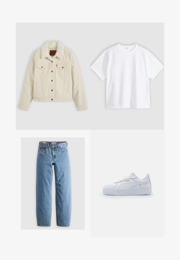 Veste en denim crème avec un col en fausse fourrure, équipée de deux poches poitrine, d'une fermeture à boutons sur le devant et de subtils détails de couture verticale.; T-shirt en coton blanc à manches courtes, col rond, coupe décontractée, texture lisse, avec une petite étiquette logo sur la couture latérale gauche.; Jean en denim bleu clair avec une coupe droite, cinq poches, une fermeture éclair et une texture légèrement délavée. Style classique avec peu de matériel.; Baskets blanches en cuir avec une semelle épaisse, présentant une texture lisse, un design minimaliste, des rayures sur les côtés et un petit logo.