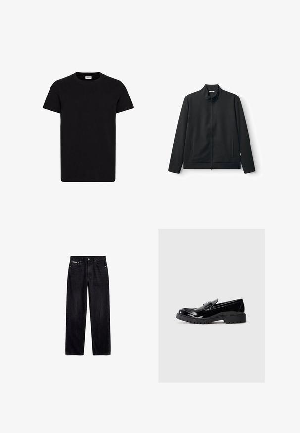 Μαύρο μπουφάν με φερμουάρ και ψηλό γιακά, πλαϊνές τσέπες και λεία υφή. Διαθέτει μινιμαλιστικό σχεδιασμό και διακριτικές ραφές.; Μαύρη βαμβακερή μπλούζα T-shirt με στρογγυλή λαιμόκοψη, κοντά μανίκια και ίσια στρίφωμα. Διαθέτει μια μικρή ετικέτα με λογότυπο στη κάτω πλευρά. Κανονική εφαρμογή.; Μαύρο τζιν με ίσια γραμμή, πέντε τσέπες, μεταλλικό κουμπί και ετικέτα Calvin Klein στην μικρή μπροστινή τσέπη.; Μαύρες πατεντέ δερμάτινες loafers με στρογγυλή μύτη, διακοσμητική ταινία και χοντρή καουτσούκ σόλα με βαθιές αυλακώσεις για καλύτερη πρόσφυση.