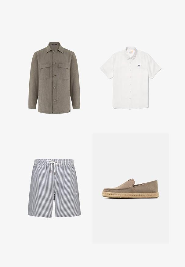 Camisa chaqueta gris para hombre de manga larga con botones, cuello puntiagudo y dos bolsillos de solapa en el pecho.; Camisa de lino blanca de manga corta con botón, que presenta un pequeño logo de un árbol azul en el pecho, con cuello clásico y dobladillo recto.; Bañador a rayas en azul marino y blanco. Fabricado con una tela ligera, cuenta con una cinturilla elástica, cierre de cordón y bolsillos laterales.; Zapatos slip-on de ante color beige con suela de cuerda de yute, que presentan una punta redonda y un detalle de costura mínimo a lo largo del borde.