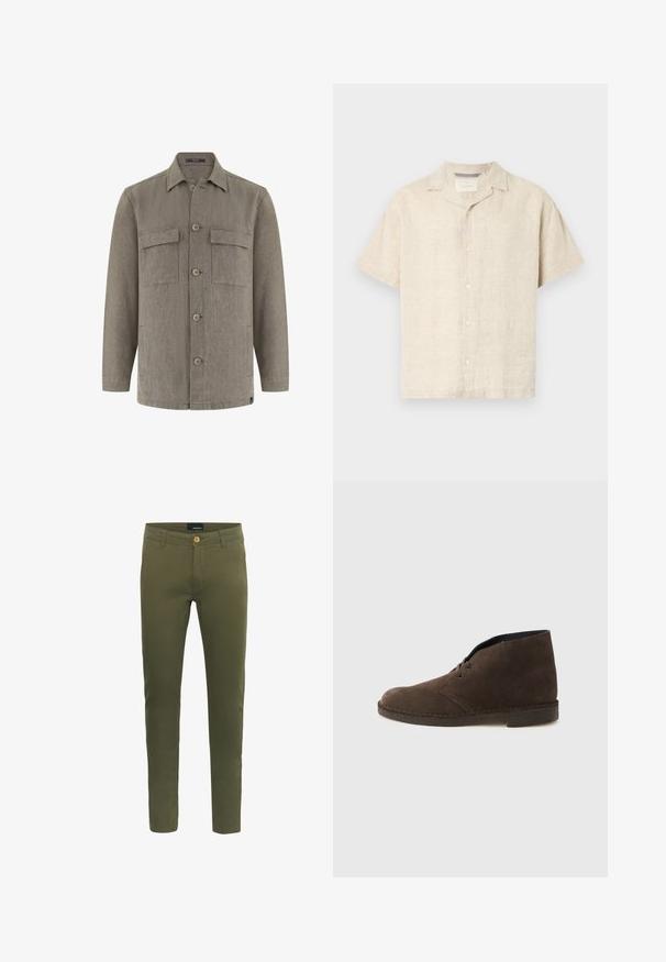 Chemise-veste grise pour homme à manches longues, avec col pointu et deux poches à rabat sur la poitrine.; Chemise à manches courtes beige clair en lin, dotée d'un col camp, de lignes épurées et d'une texture subtile, avec cinq boutons à l'avant.; Pantalons vert olive en mélange de coton doux, avec fermeture à bouton sur le devant, passants de ceinture et coupe slim.; Botte cheville en daim marron avec deux œillets, talon bas et semelle cousue sur un fond gris clair uni.