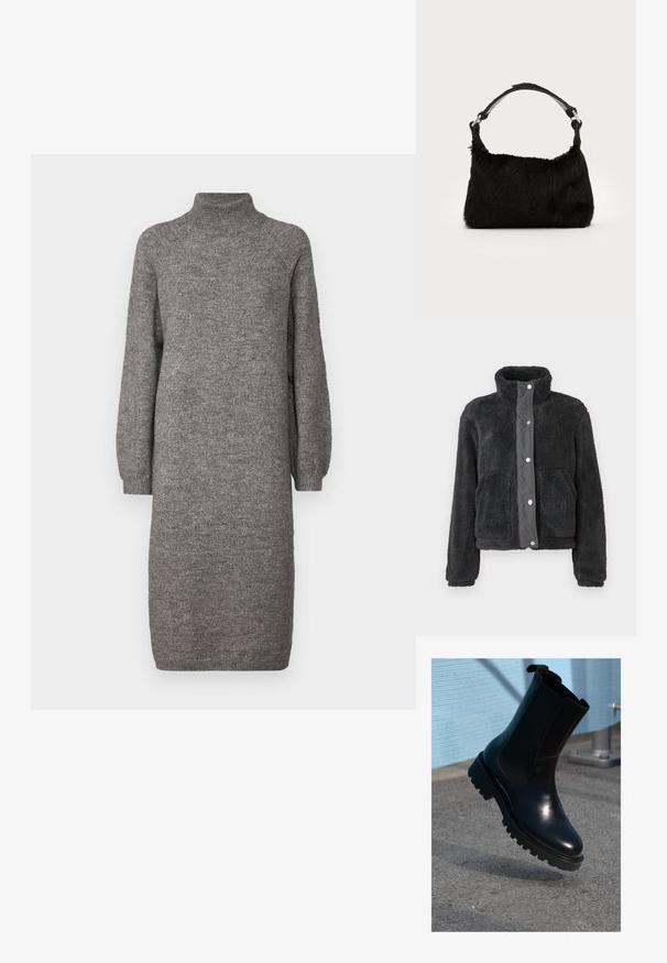 Schwarze Fleecejacke mit hohem Kragen, Druckknopfverschluss und zwei Vorderaschen, präsentiert vor einem schlichten weißen Hintergrund.; Graues gestricktes Kleid mit hohem Kragen, lockeren langen Ärmeln und geradem Schnitt. Hergestellt aus weichem, strukturiertem Stoff, der bis zur Mitte der Waden reicht.; Schwarzer Leder-Stiefelette mit elastischen Seitenteilen, rundlicher Spitze und einer dicken, strukturierten Sohle. Glatte Oberfläche mit minimalistischem Design.; Schwarze Kunstfell-Handtasche mit weicher Textur, runder Form und einem stabilen schwarzen Leder-Schulterriemen. Sichtbare silberne Hardware-Akzente.
