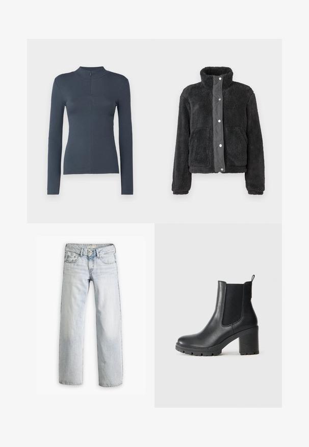 Schwarze Fleecejacke mit hohem Kragen, Druckknopfverschluss und zwei Vorderaschen, präsentiert vor einem schlichten weißen Hintergrund.; Dunkelgrau geripptes Langarmoberteil mit Stehkragen und kurzem Frontreißverschluss, taillierte Silhouette, präsentiert auf weißem Hintergrund.; Hellblaue Denim-Jeans mit lockerer Passform, hoher Taille und fünf Taschen. Mit Stitching-Akzenten und einem Knopfverschluss.; Schwarze Leder-Ankle Boots mit elastischen Seitenpanelen, dicker Gummisohle und einem hohen Blockabsatz. Mit einem Zugriegel auf der Rückseite.