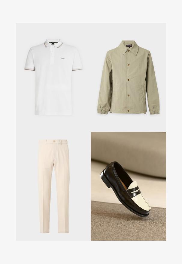 Veste beige clair à manches longues avec col, fermeture devant par boutons, poignets élastiques et poches latérales sur fond uni.; Polo blanc à manches courtes avec col et manches bordés de beige, patte de boutonnage à trois boutons, et petit logo « BOSS » sur la poitrine.; Pantalon beige sur mesure avec fermeture à boutons, passants de ceinture et plis avant, présenté sur un fond clair uni.; Mocassin en cuir noir avec un empeigne crème et des rayures noires, présentant un petit talon et des coutures détaillées le long des bords.