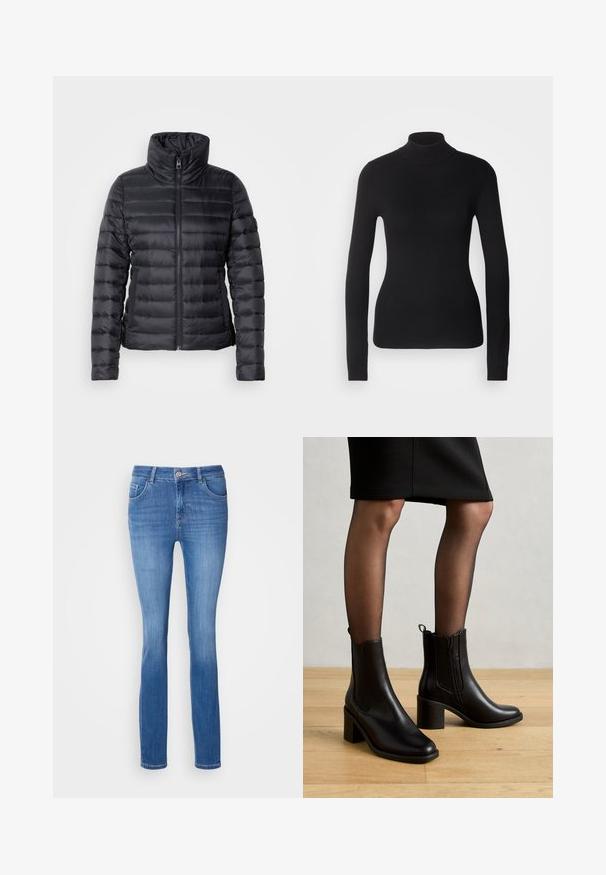 Sort pufferjakke med høj krave, lynlås lukning, horisontal quiltet design og glat tekstur. Har sidelommer og en tætsiddende silhuet.; Sort turtleneck sweater lavet af let strikket stof. Har lange ærmer, et tætsiddende design og en blød ribbet tekstur.; Blå denim jeans med en tætsiddende pasform, fem lommer og et diskret falmet mønster. Fremstillet af blødt, strækbart stof med en standard knaplukning.; Anna Field Støvletter - black