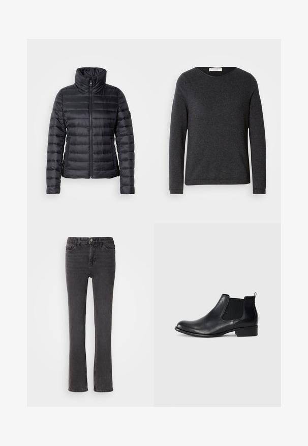 Doudoune noire avec col montant, fermeture éclair, design matelassé horizontal et texture lisse. Dispose de poches latérales et d'une silhouette ajustée.; Chemise en coton à manches longues gris foncé avec un col rond et des poignets côtelés. Texture lisse et design simple sans motifs ni éléments apparents.; Jeans en denim noir à coupe droite, avec des poches avant, une fermeture éclair et des détails de couture subtils. Le tissu a une légère texture.; Bottine Chelsea en cuir noir avec des panneaux élastiques sur les côtés, bout arrondi, une languette à l'arrière et un petit talon carré. Texture lisse.