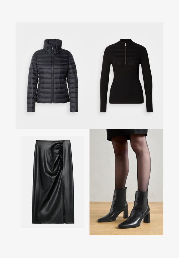 Zwarte pufferjack met hoge kraag, ritssluiting, horizontaal gestikt ontwerp en een gladde textuur. Beschikt over zijzakken en een getailleerde silhoët.; Zwart langwerpig polo sweater met een halve rits, voorzien van horizontale streep patronen en geribbelde textuur bij de manchetten en de zoom.; Zwarte leren rok met een soepele textuur, voorzien van een geplooid gedeelte aan één kant en een zijspleet voor extra detail.; Zwarte leren enkellaarsjes met een spitse neus, stevige vierkante hak en een fraaie uitstraling. Beschikt over elastische zijpanelen voor gemakkelijke aan- en uittrekken.