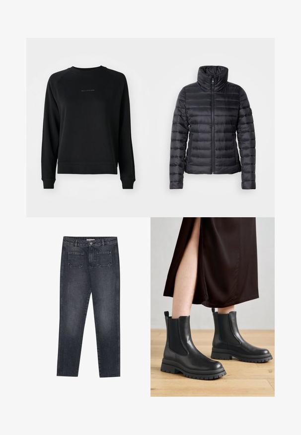 Doudoune noire avec col montant, fermeture éclair, design matelassé horizontal et texture lisse. Dispose de poches latérales et d'une silhouette ajustée.; Sweatshirt noir à manches longues, avec des poignets et un ourlet côtelés. Présente un logo subtil gris sur le devant. Tissu en mélange de coton doux.; Jeans en denim gris foncé avec une coupe droite. Comprend deux poches arrière, une fermeture à bouton et des passants de ceinture. Texture légèrement décolorée.; Bottines en cuir noir avec panneaux latéraux élastiques, semelles en caoutchouc épaisses et languettes de tirage au talon ; portées avec une robe midi marron foncé.
