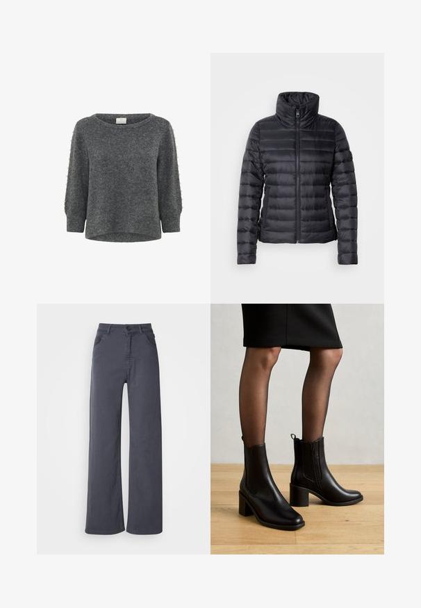 Zwarte pufferjack met hoge kraag, ritssluiting, horizontaal gestikt ontwerp en een gladde textuur. Beschikt over zijzakken en een getailleerde silhoët.; Kaffe KABETTY - Trui - grey melange; Donkergrijze recht gesneden broek met voorkruisen, ceintuurlussen, en een knoop- en ritssluiting op een witte achtergrond.; Anna Field Lage laarzen - black
