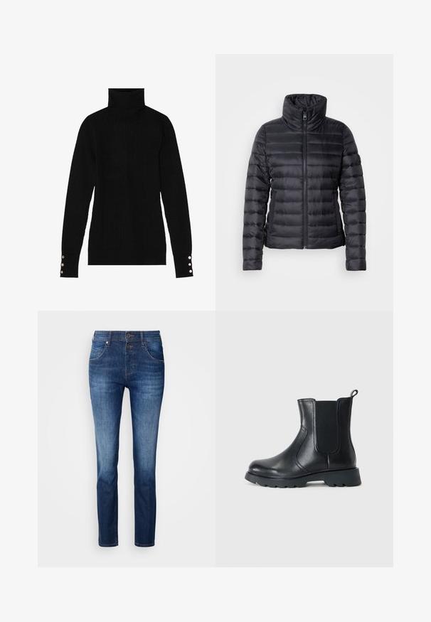 Sort pufferjakke med høj krave, lynlås lukning, horisontal quiltet design og glat tekstur. Har sidelommer og en tætsiddende silhuet.; Sort turtleneck sweater med ribbet tekstur. Har tætsiddende lange ærmer med tre sølvknapper ved hver manchet.; Mørkeblå denimjeans med lige pasform, featuring lynlås, to forlommer og subtile falmede områder. Blød tekstur med minimal slid.; Sort læder ankelstøvle med elastiske sidepaneler, rund tå og struktureret gummisål. Har en trækflap for nem påtagning.