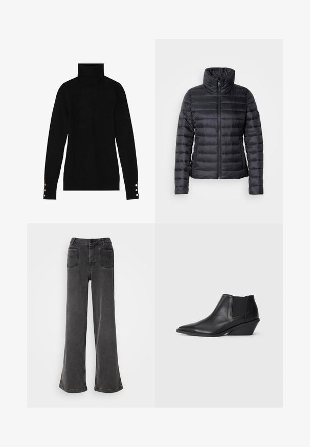 Sort pufferjakke med høj krave, lynlås lukning, horisontal quiltet design og glat tekstur. Har sidelommer og en tætsiddende silhuet.; Sort turtleneck sweater med ribbet tekstur. Har tætsiddende lange ærmer med tre sølvknapper ved hver manchet.; Høj talje, brede ben sorte jeans lavet af denim, med knaplukning, bæltestropper og to baglommer med syninger.; Sorte læder ankelstøvler med spids tå, elastiske sidepaneler og en kort skrå hæl. Glat tekstur med minimal dekoration.