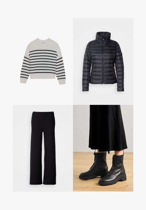 Doudoune noire avec col montant, fermeture éclair, design matelassé horizontal et texture lisse. Dispose de poches latérales et d'une silhouette ajustée.; Pull créme avec des rayures horizontales navy, texture côtelée, col rond et manches longues. Coupe décontractée avec un design court.; Pantalons noirs à jambes larges avec des rayures verticales, fabriqués à partir d'un tissu texturé. Dotés d'une taille élastiquée pour plus de confort.; Bottines en cuir noir avec une semelle plateforme épaisse et une fermeture éclair à l'avant. Texture lisse avec un design minimaliste.